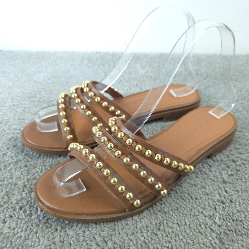 Coach Isa Studded Leather Slide Sandals Womens Size 6 Shoes Brown Flats
